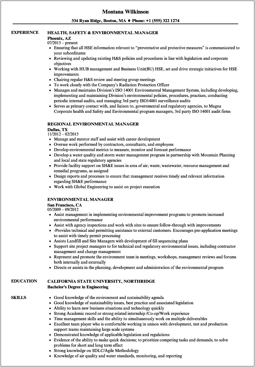 Resume Examples For Environmental Conservation