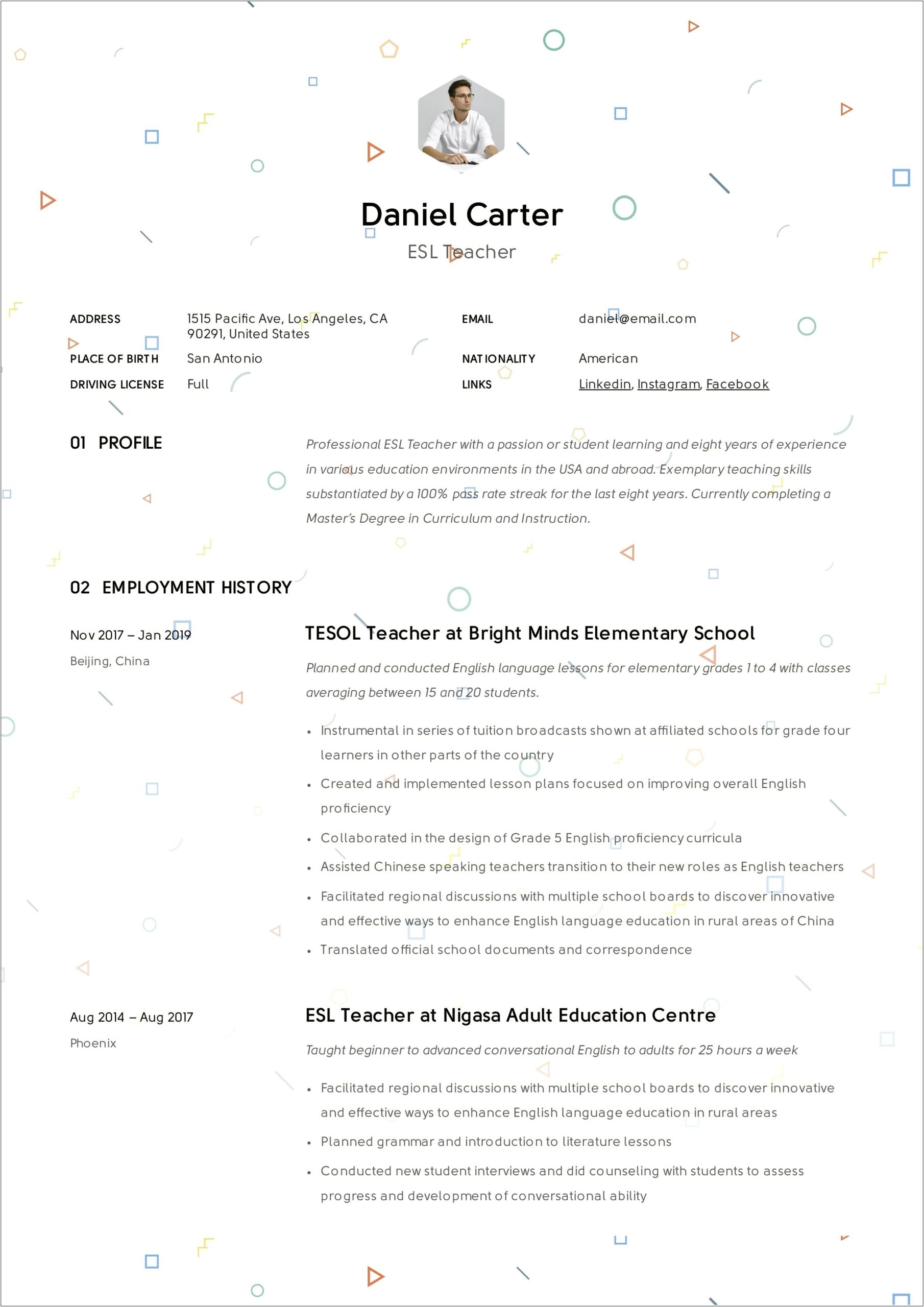 Resume Examples For Esl Students