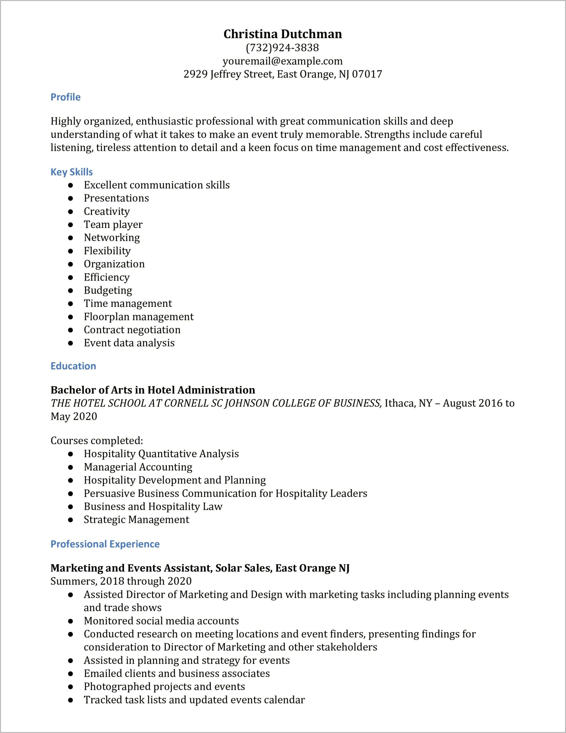 Resume Examples For Event Plannners