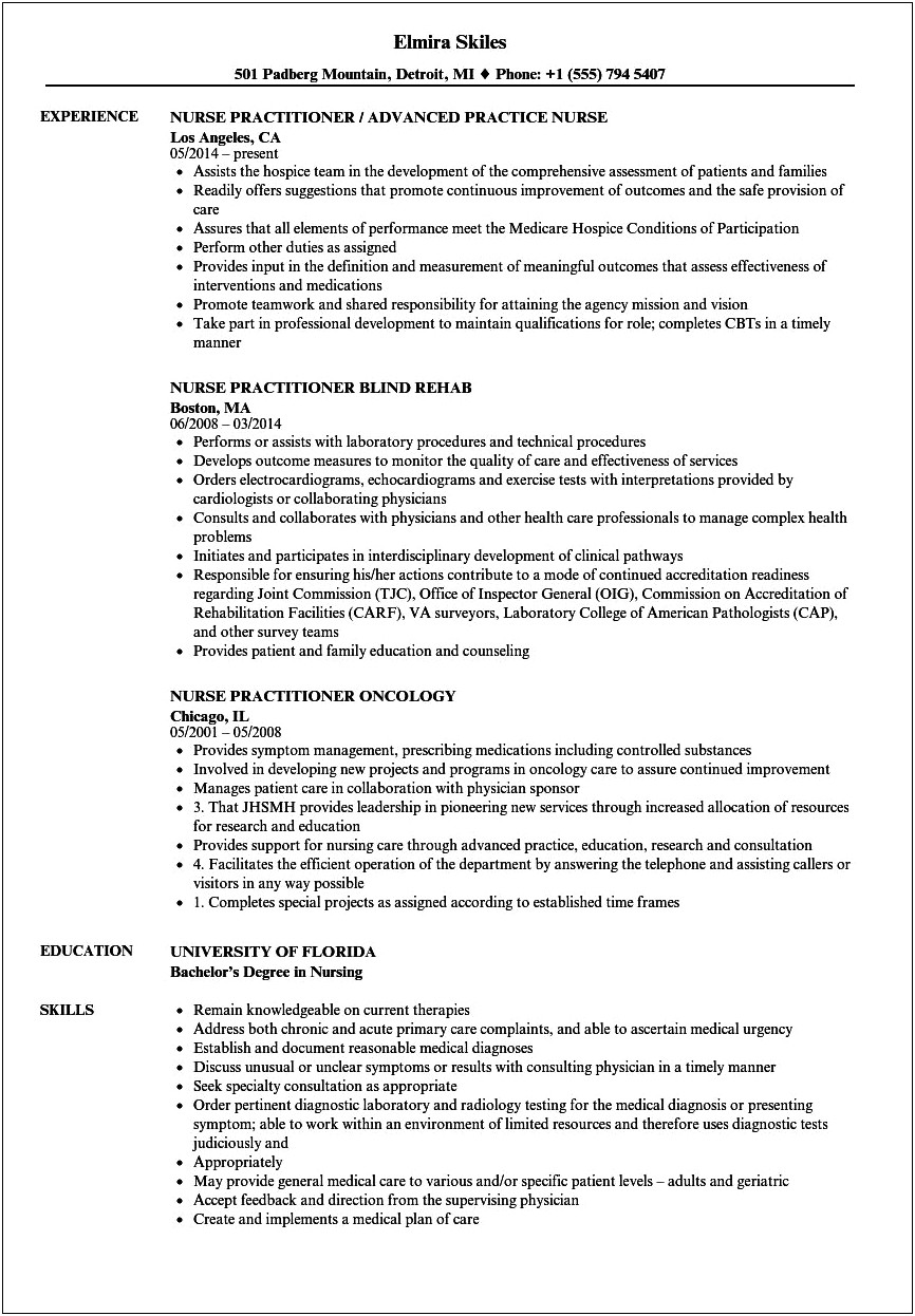 Resume Examples For Family Nurse Practitioner School