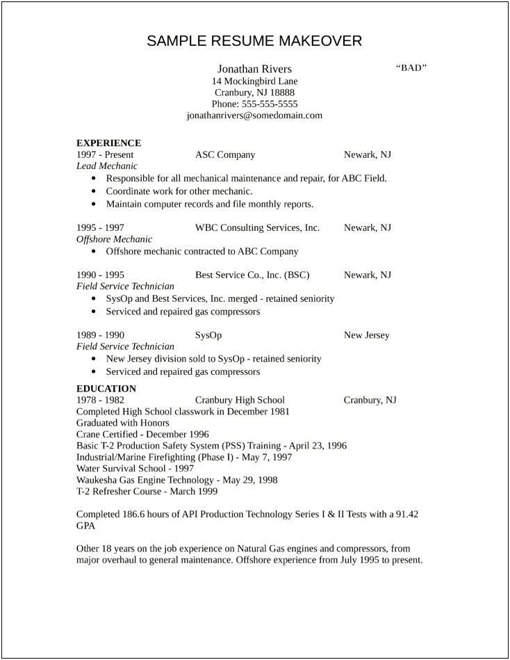 Resume Examples For Field Technician