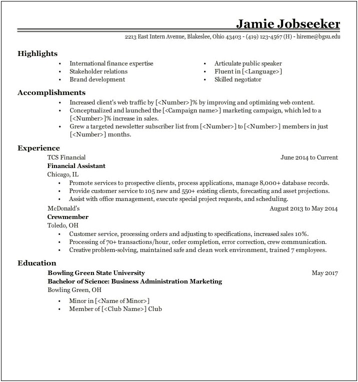 Resume Examples For Finance College Graduates