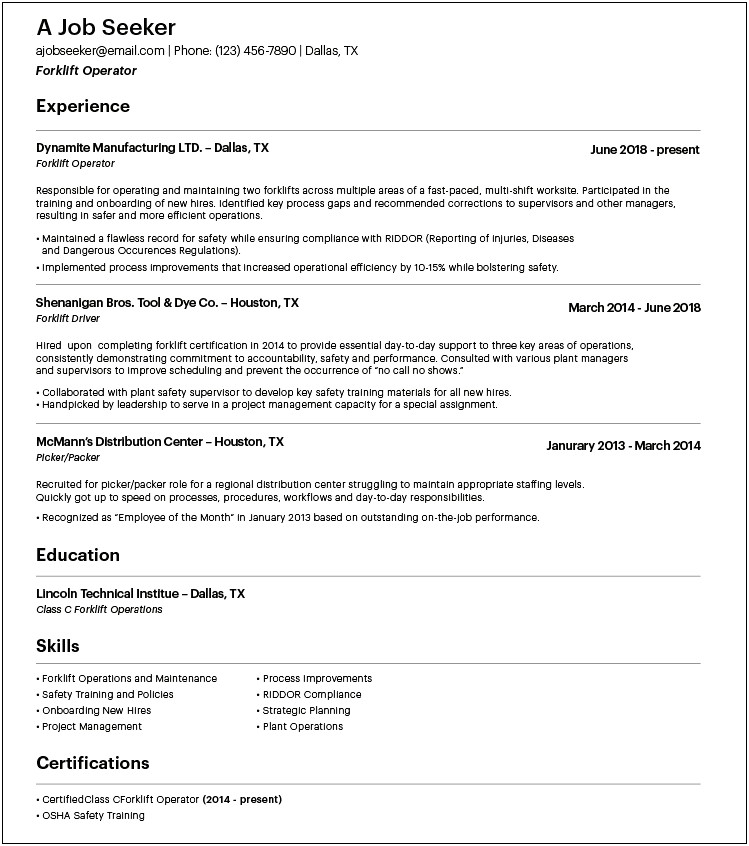 Resume Examples For Forklift Operator