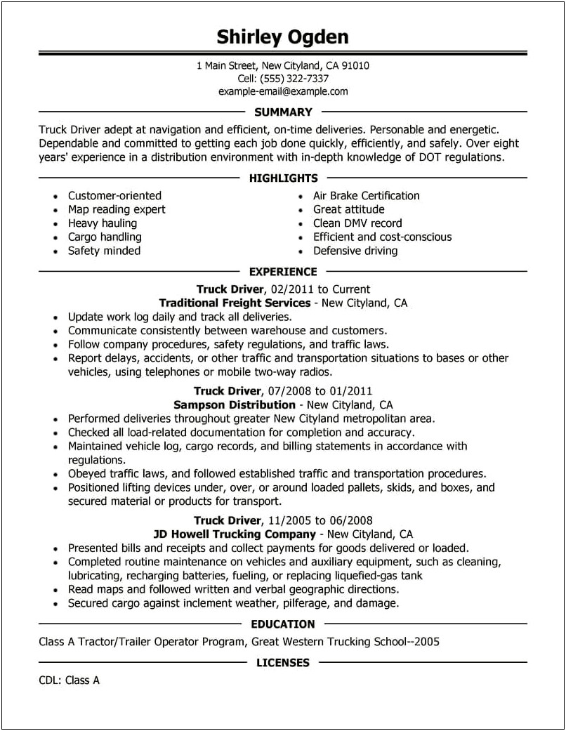 Resume Examples For Freight Driver