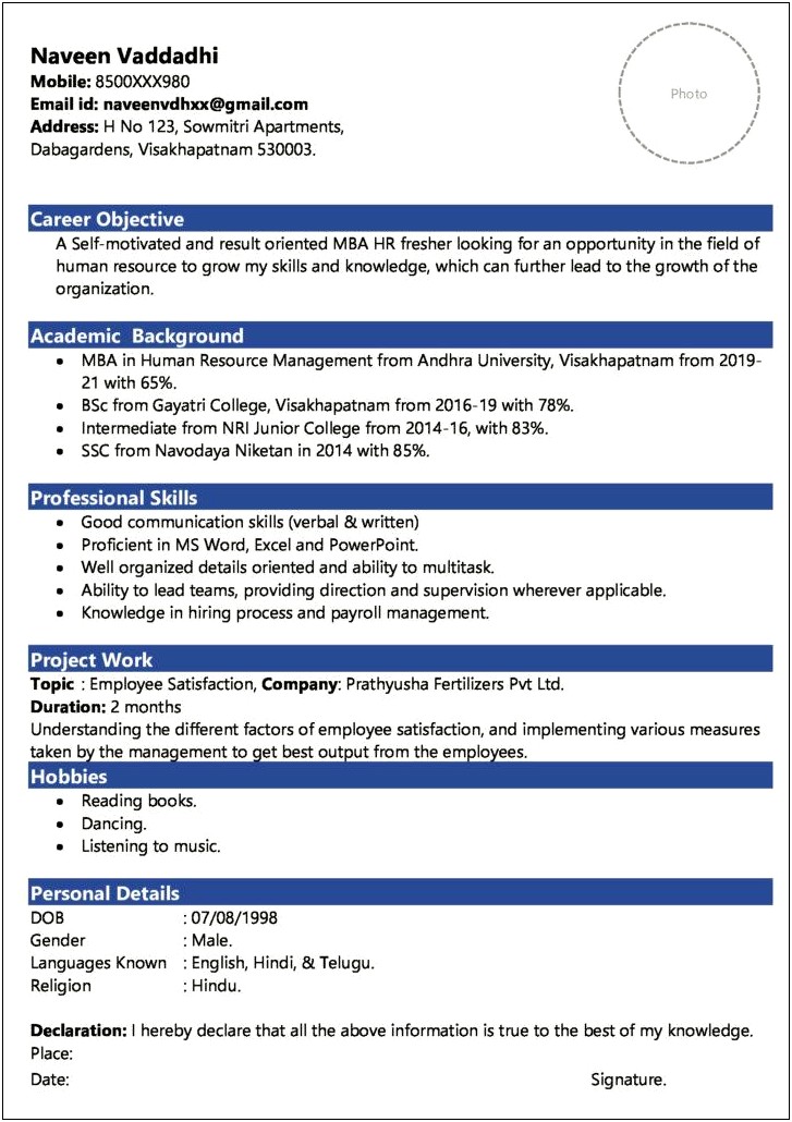 Resume Examples For Freshers Free Download