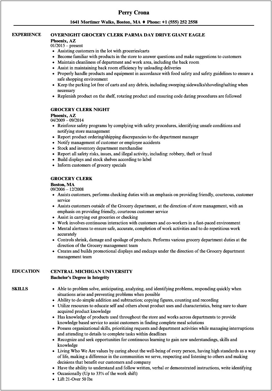 Resume Examples For Grocery Store Cashier