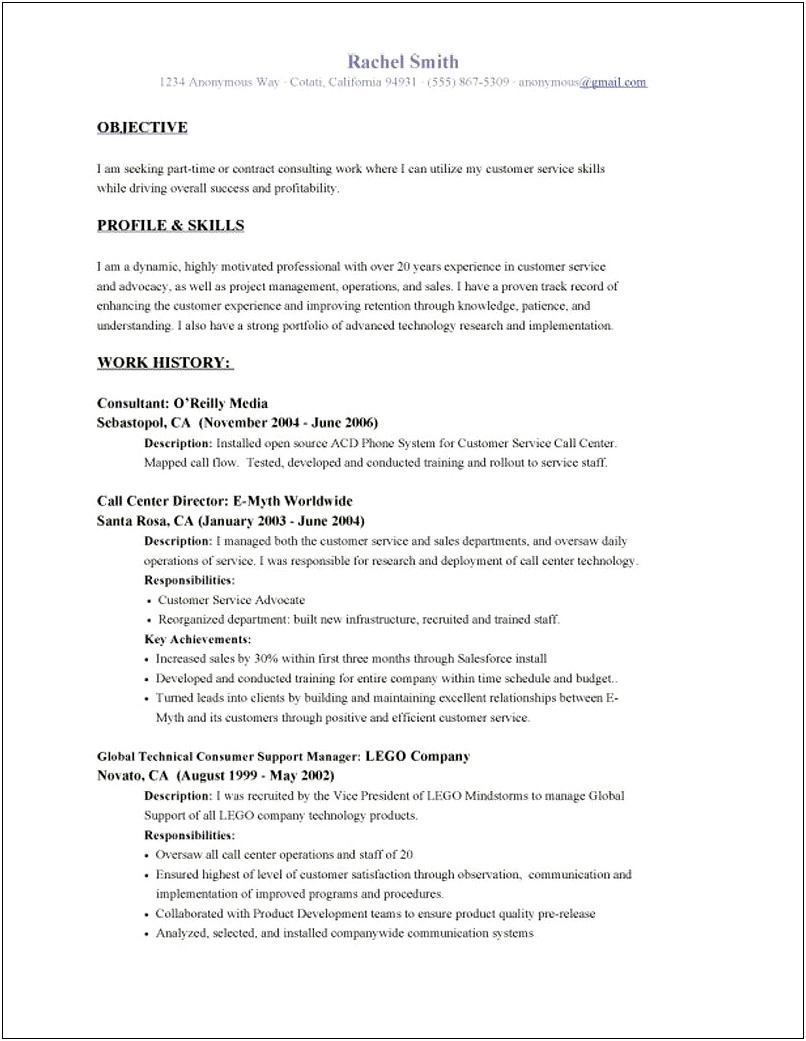 Resume Examples For High Level Of Customer Service