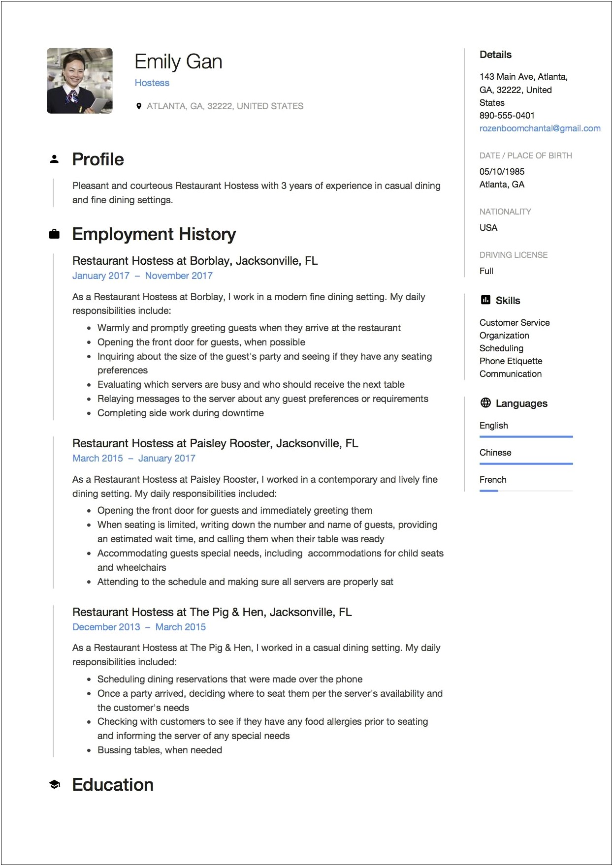 Resume Examples For Hostess Hotel Jobs
