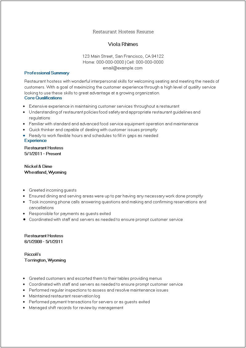 Resume Examples For Hostess Jobs