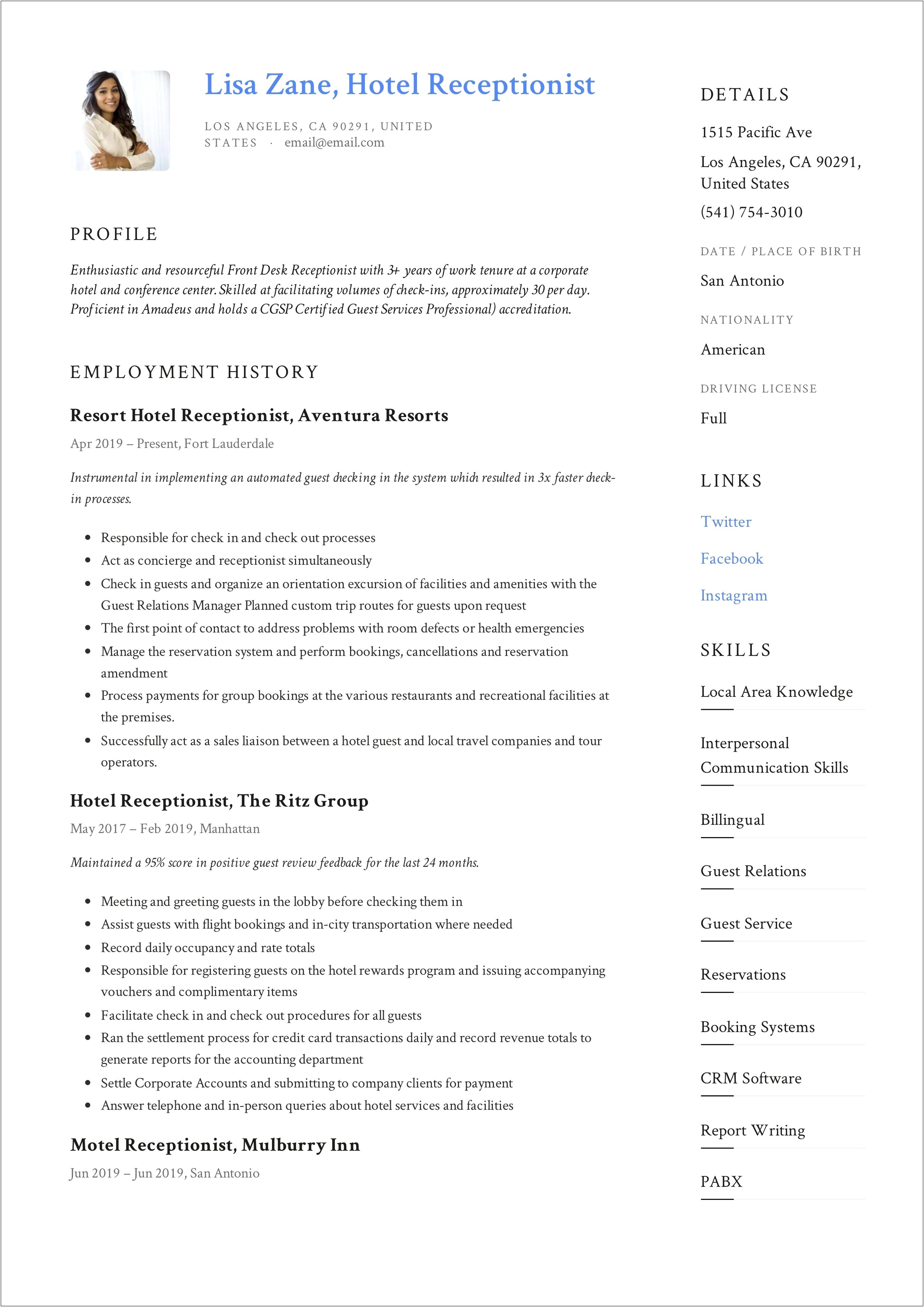 Resume Examples For Hotel Workers In Business Field