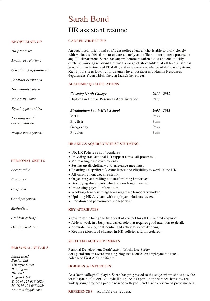 Resume Examples For Hr Assistant