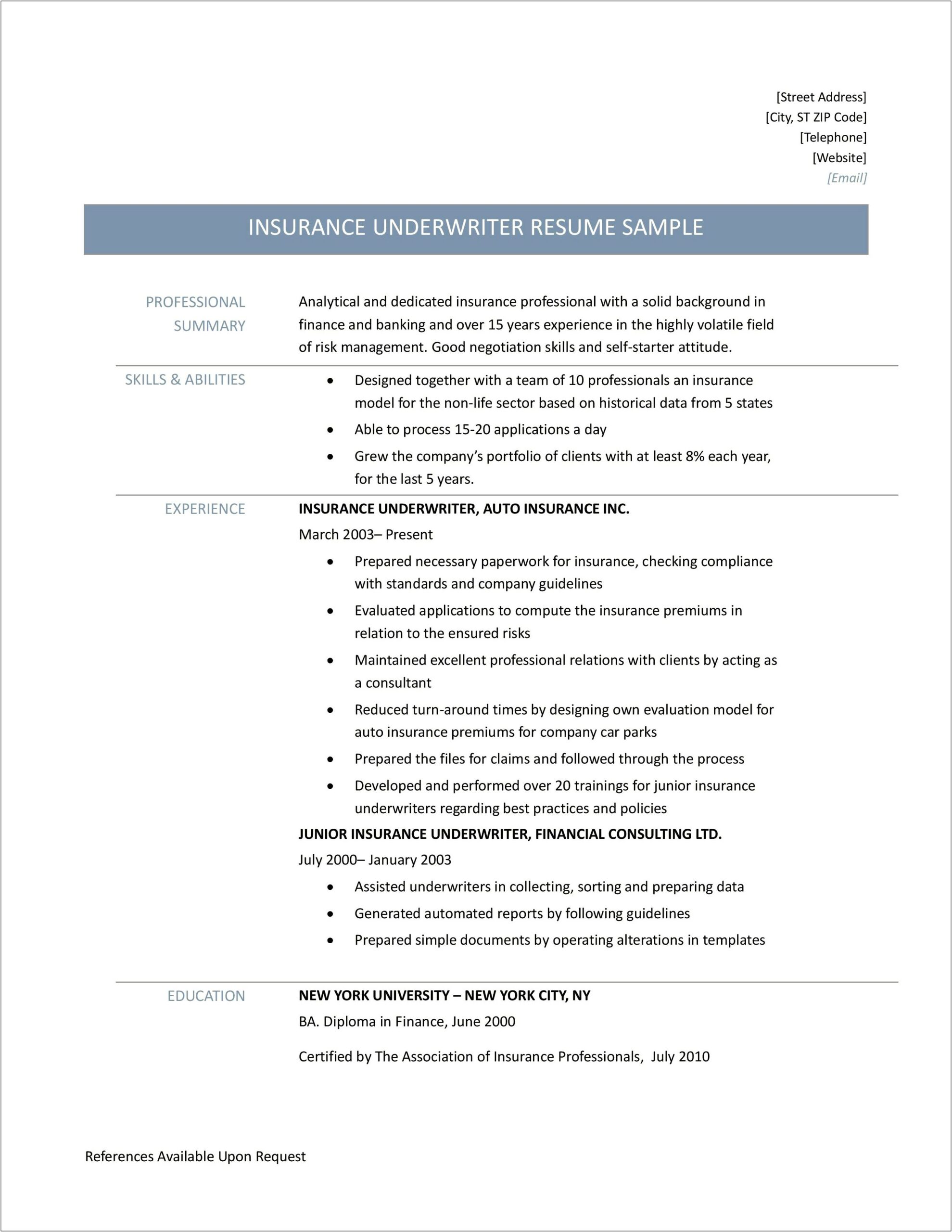 Resume Examples For Insurance Professionals