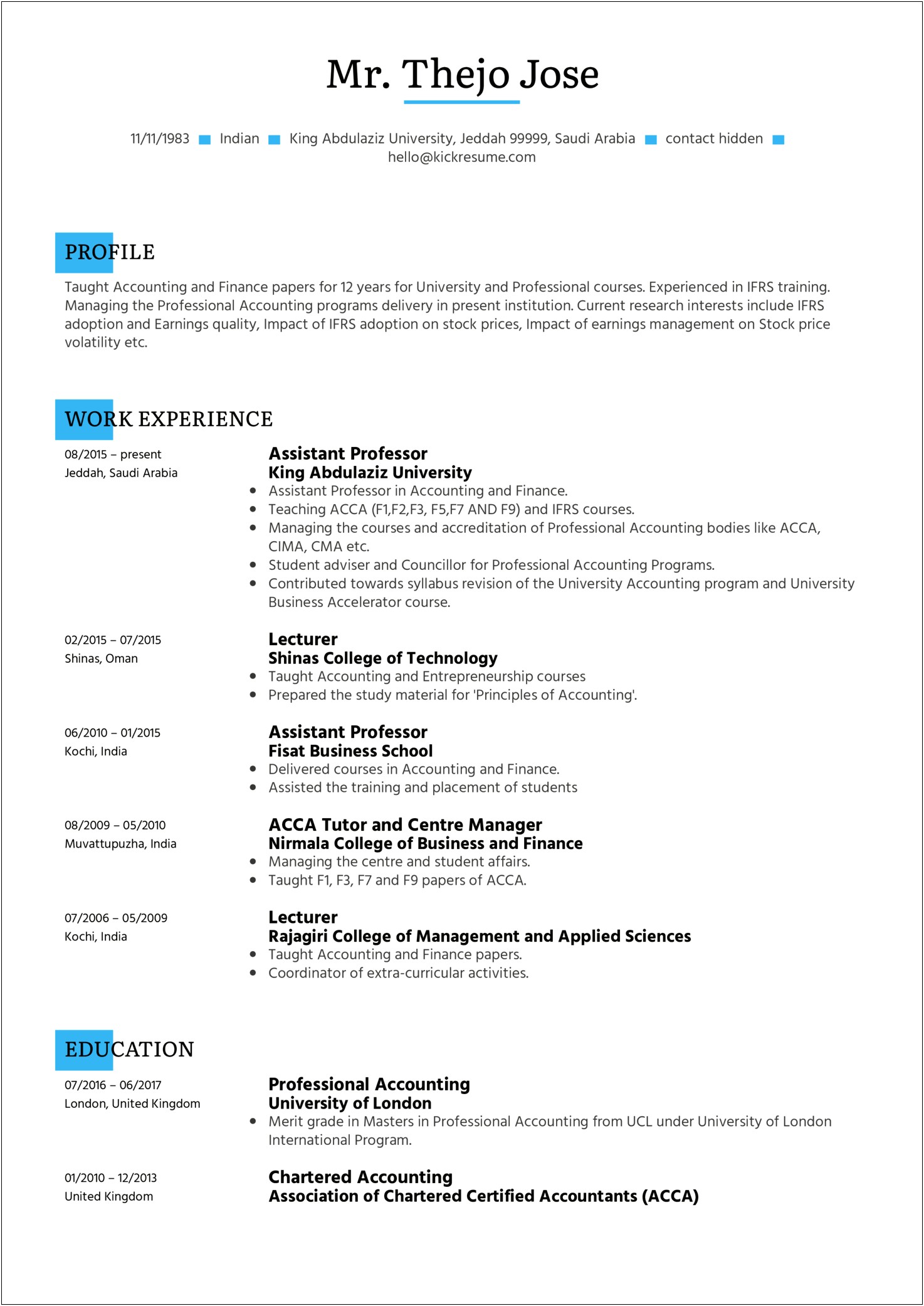 Resume Examples For Jobs In India