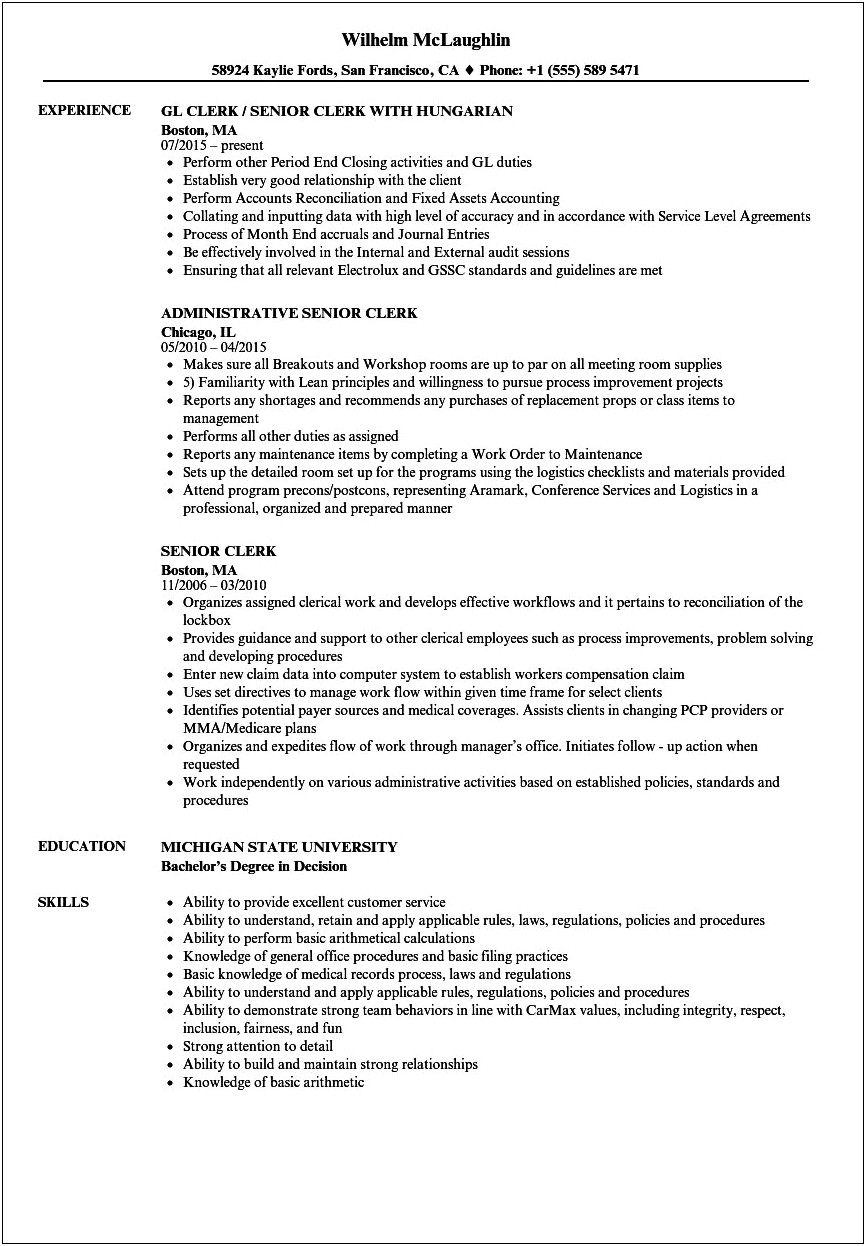 Resume Examples For Law Clerks