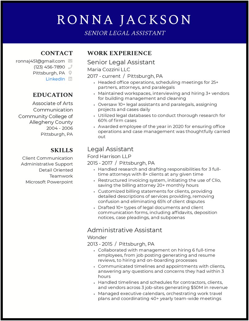 Resume Examples For Legal Assistants