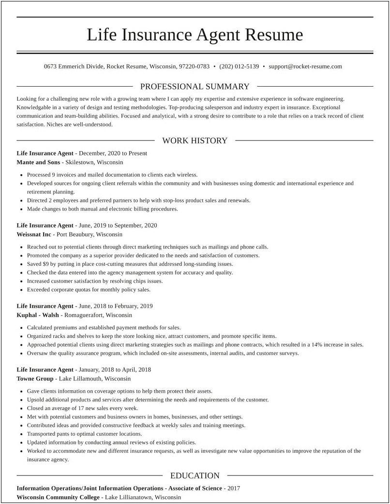 Resume Examples For Life Insurance Agent