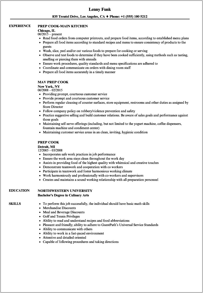 Resume Examples For Line Cook Management