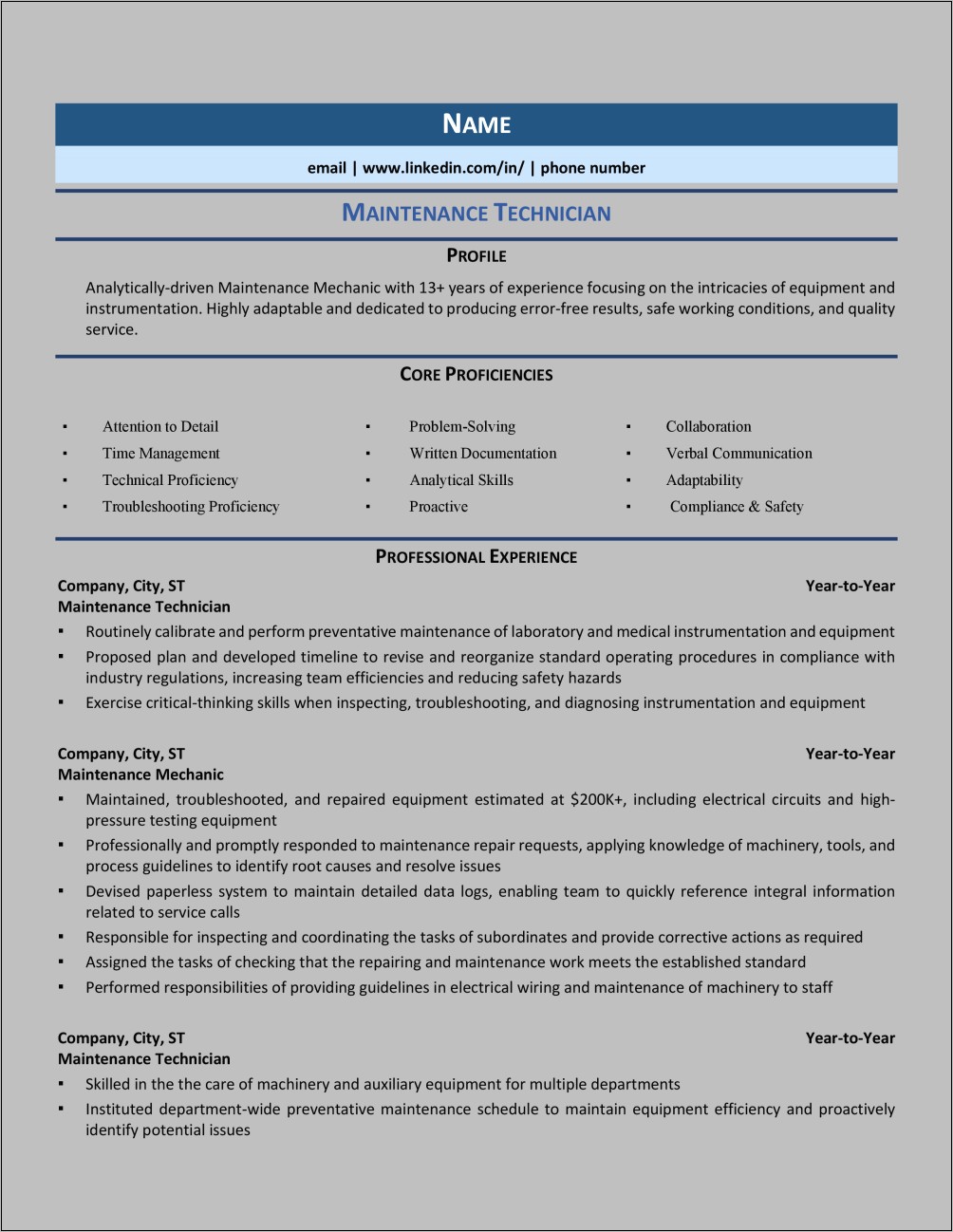 Resume Examples For Maintainenance Technican