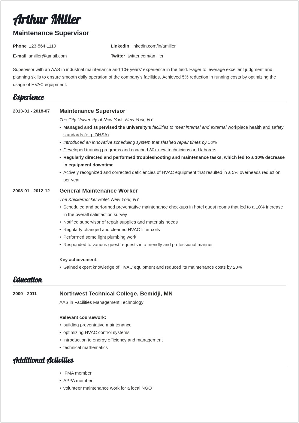 Resume Examples For Maintenance Worker