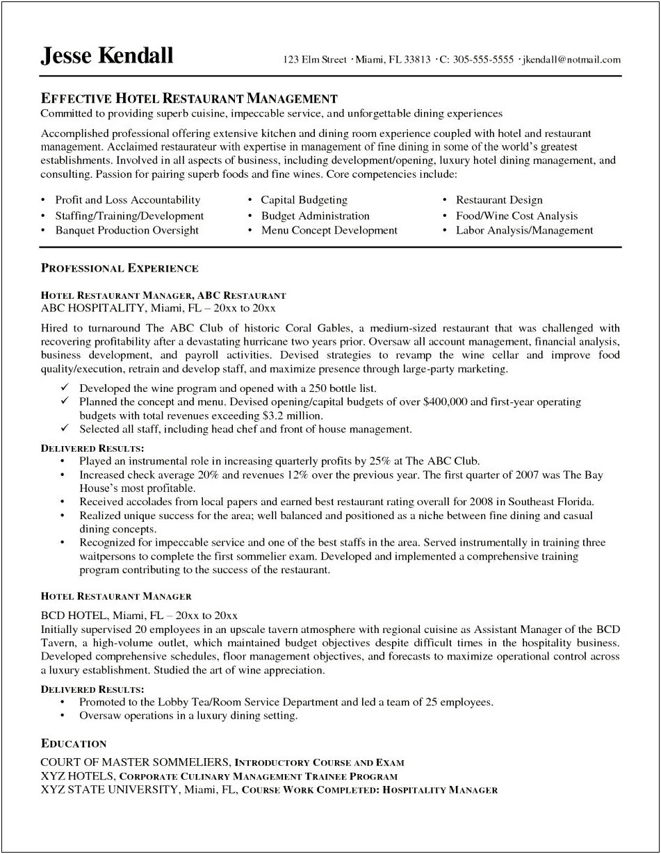 Resume Examples For Manager Of Restaurant