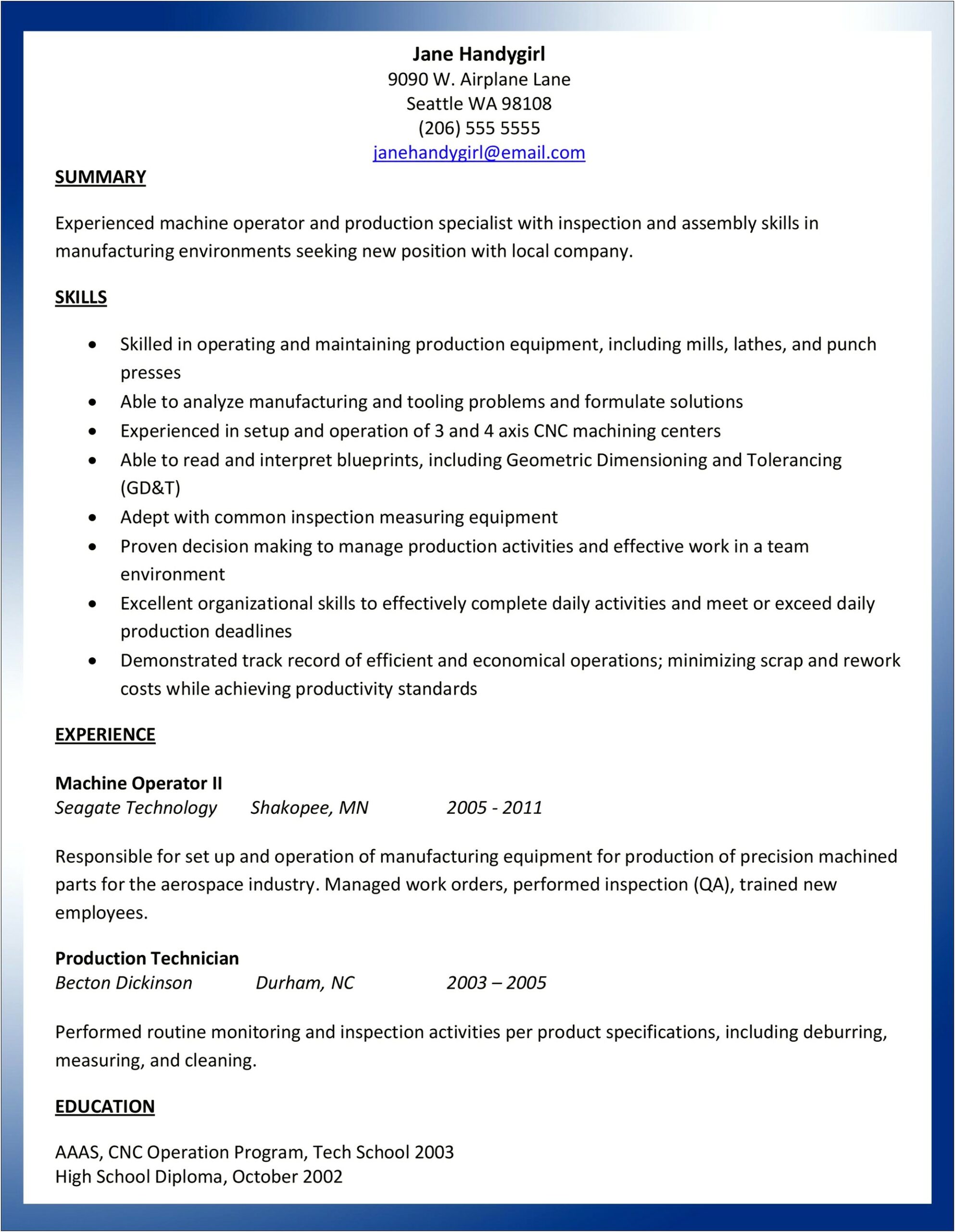 Resume Examples For Manufacturing Company