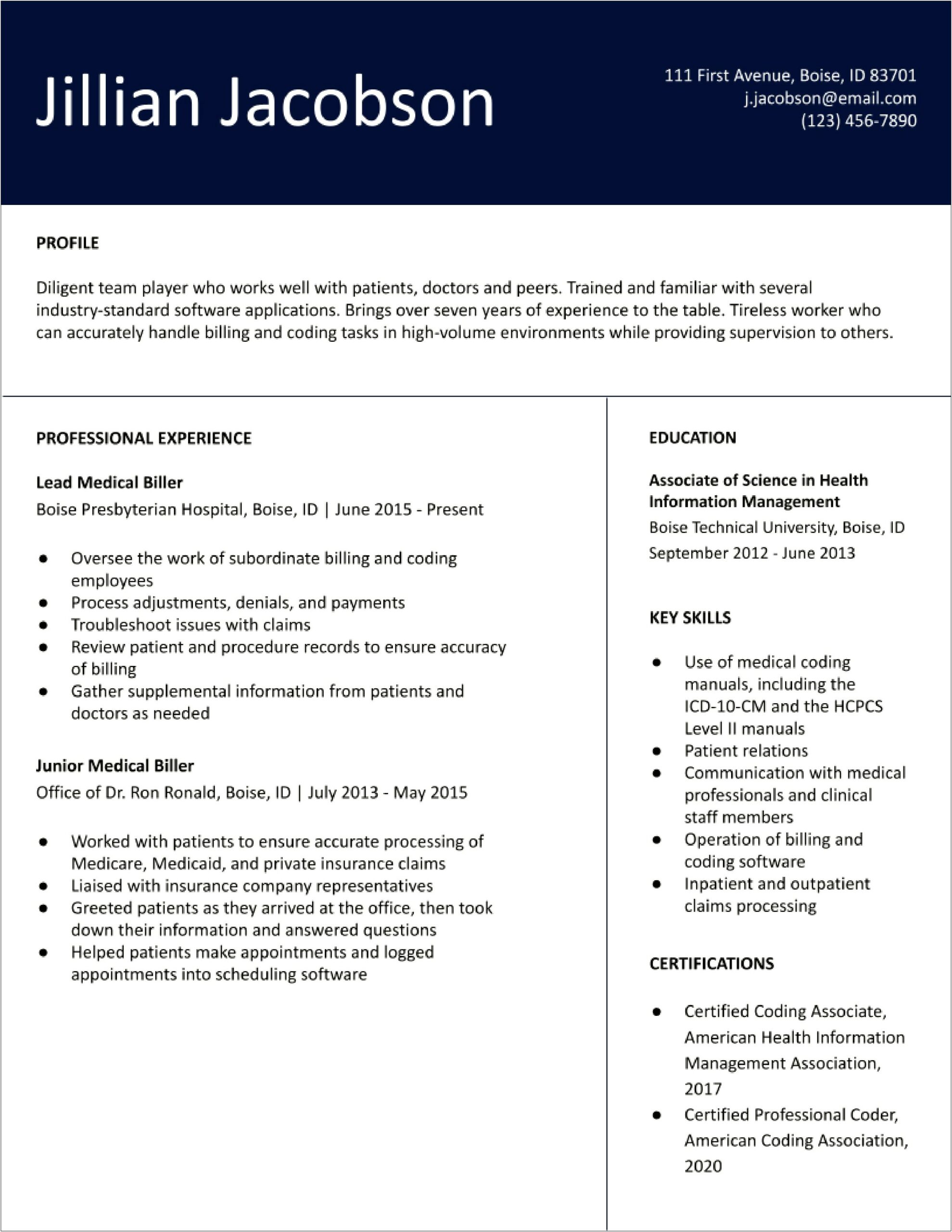 Resume Examples For Medical Billing No Experience