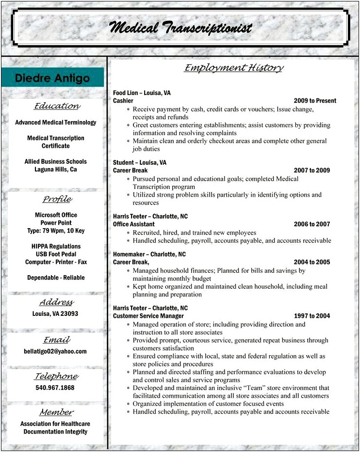 Resume Examples For Medical Coding
