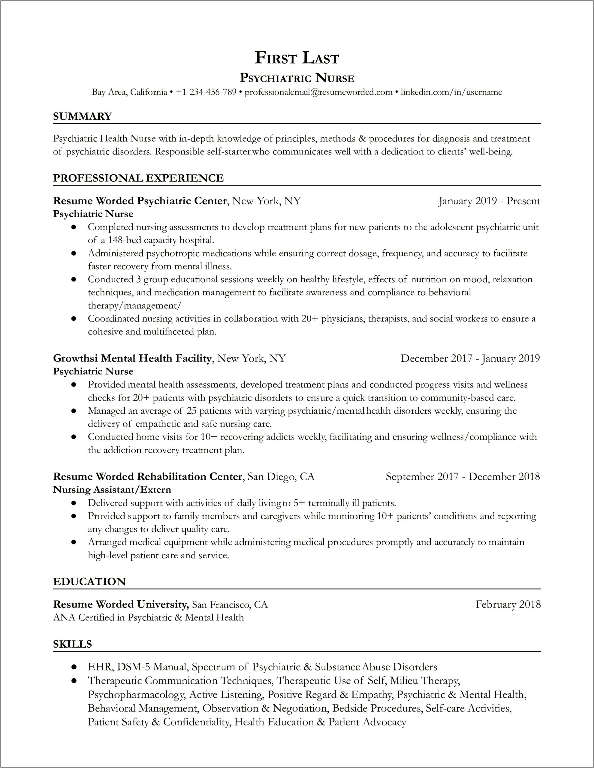 Resume Examples For Mental Health Professionals