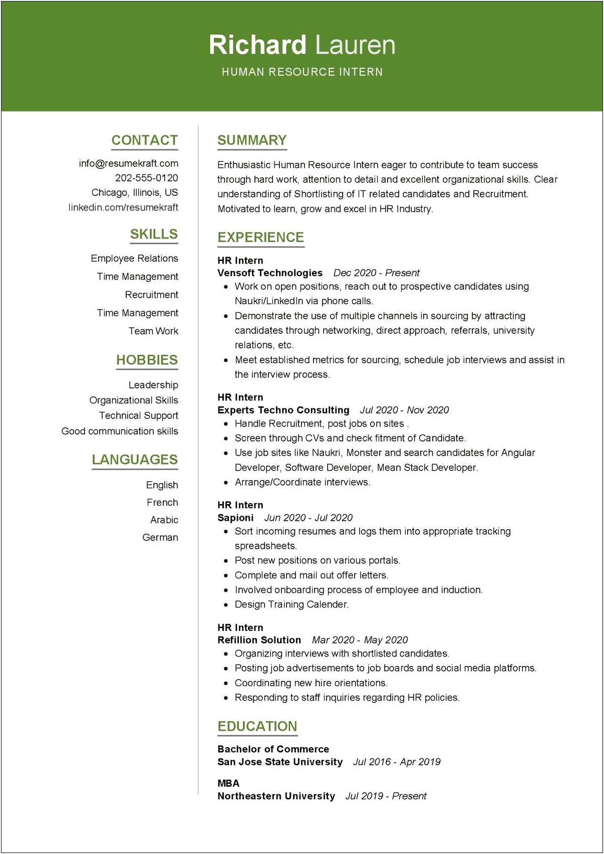 Resume Examples For Obtaining An Intership