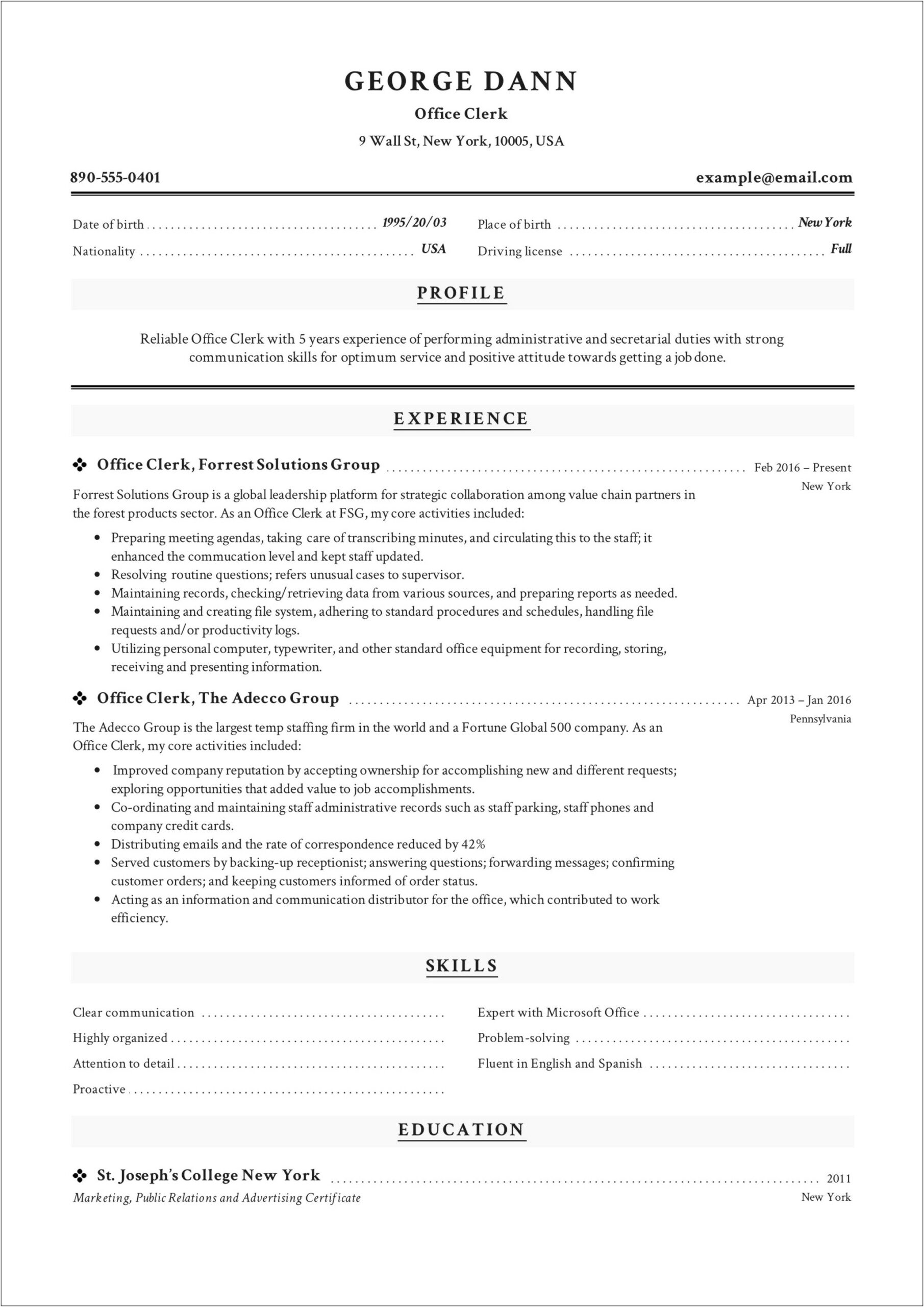 Resume Examples For Office Clerk