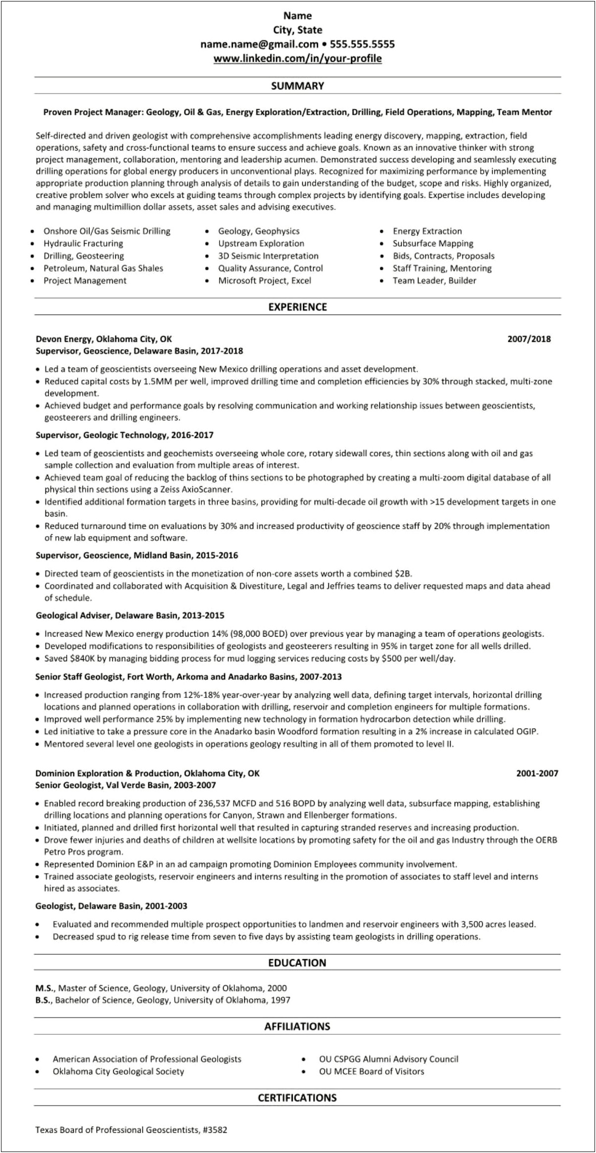 Resume Examples For Oil Field Job