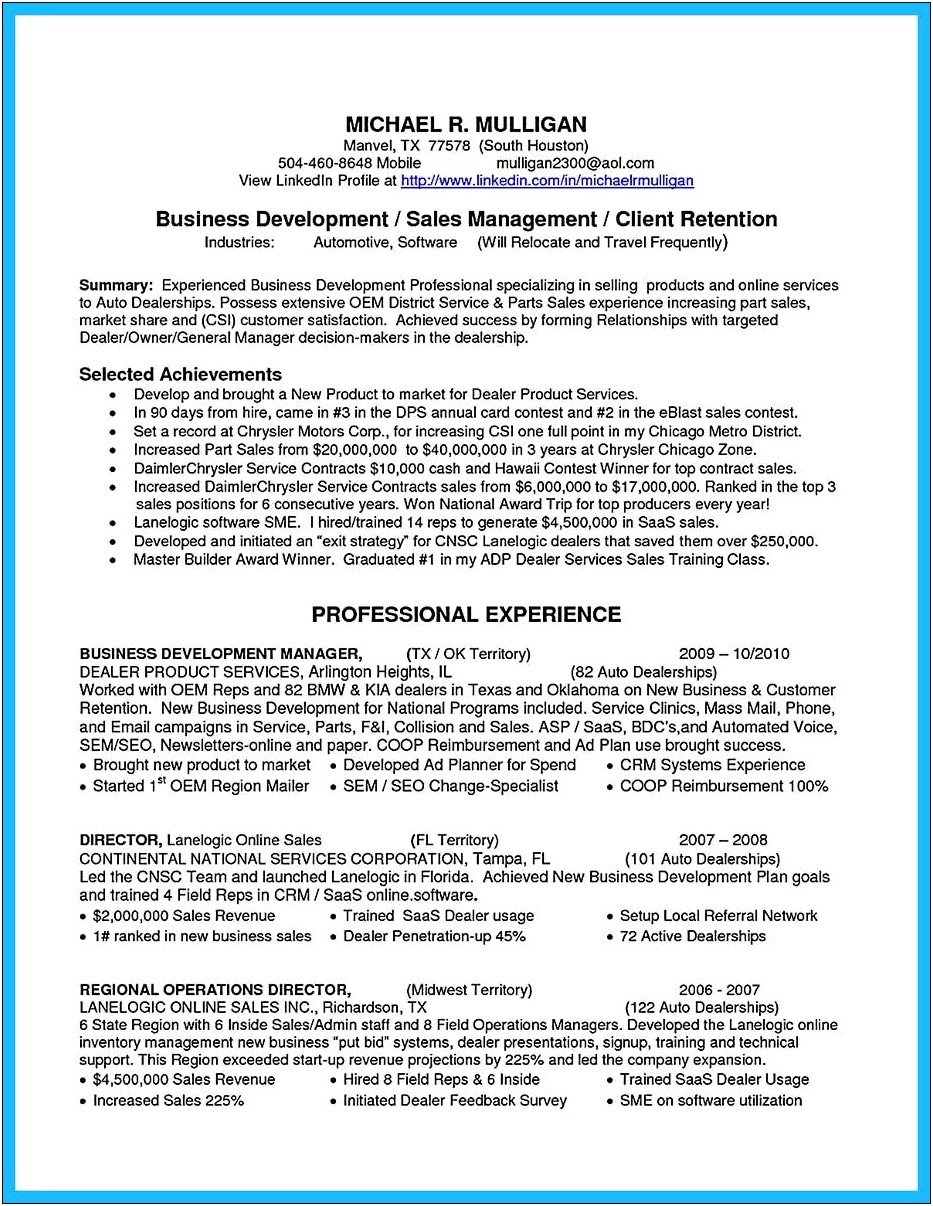 Resume Examples For Parts Sales