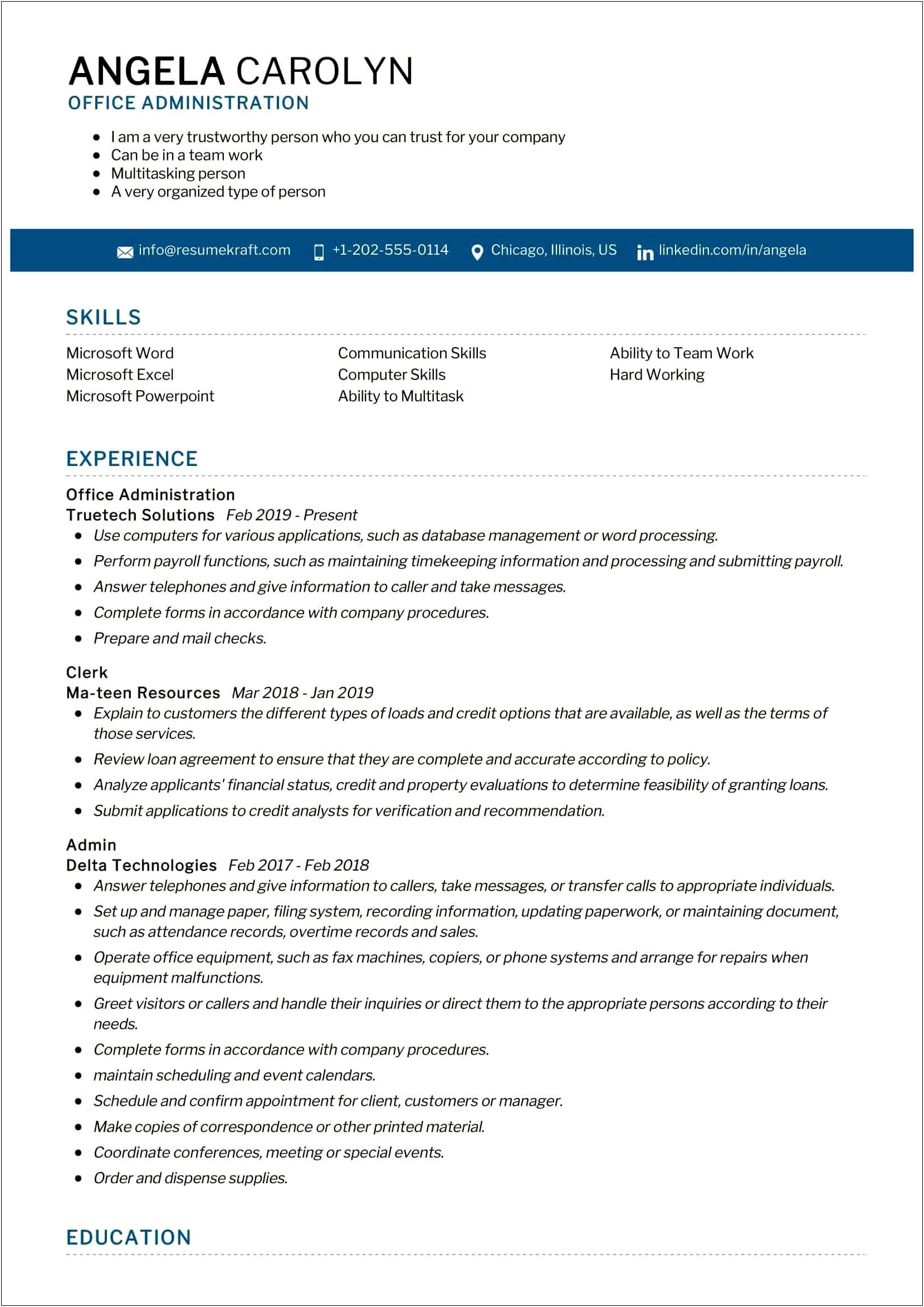 Resume Examples For Payroll Administrator