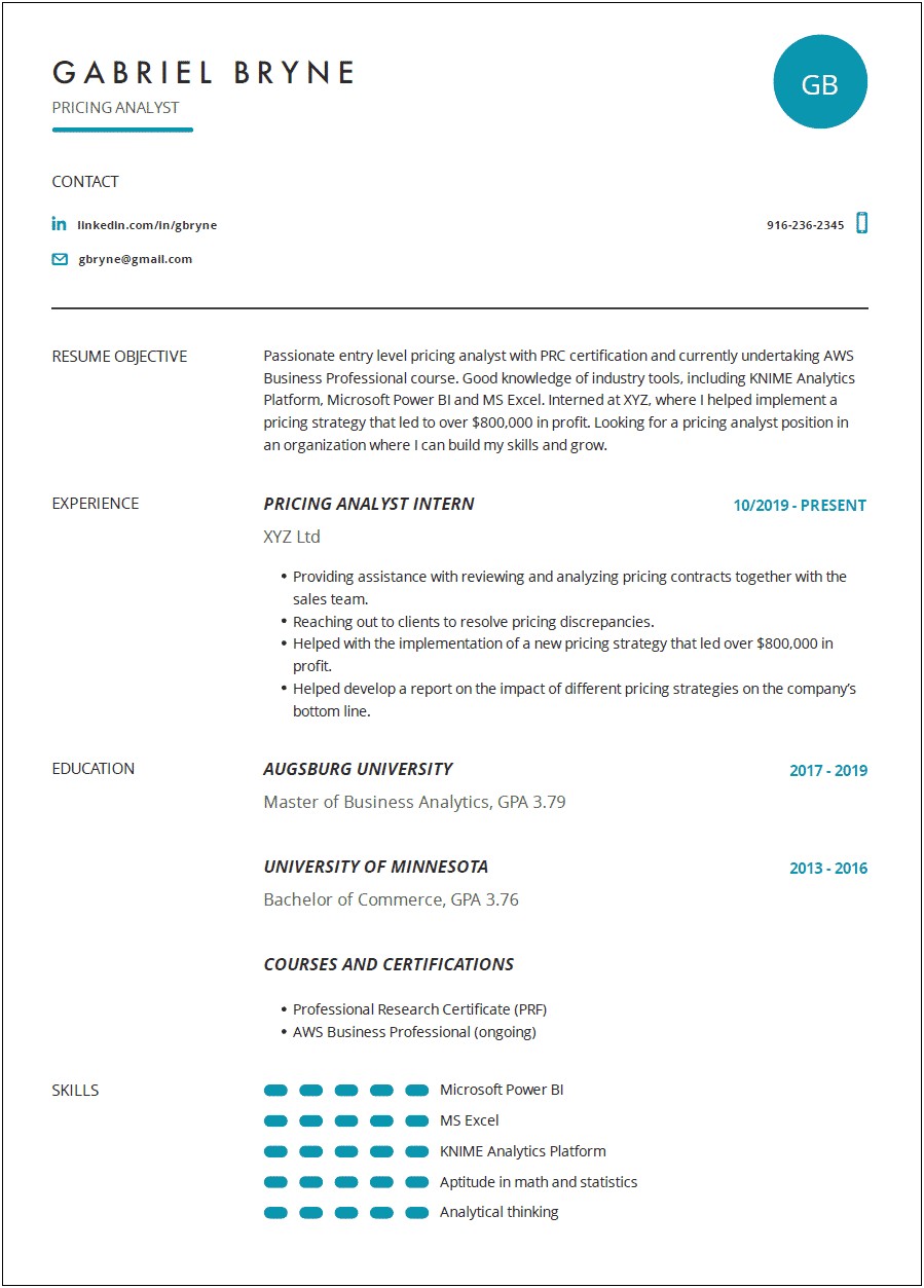 Resume Examples For Pricing Analyst