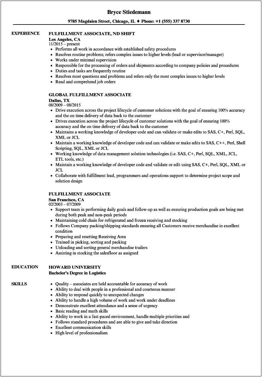 Resume Examples For Process Assistant Warehouse Amazon