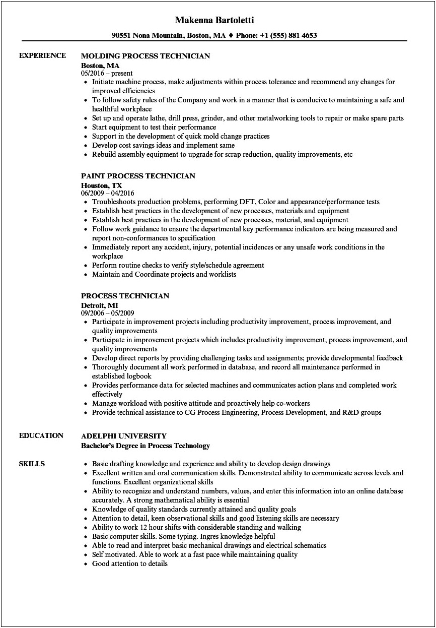 Resume Examples For Process Operators