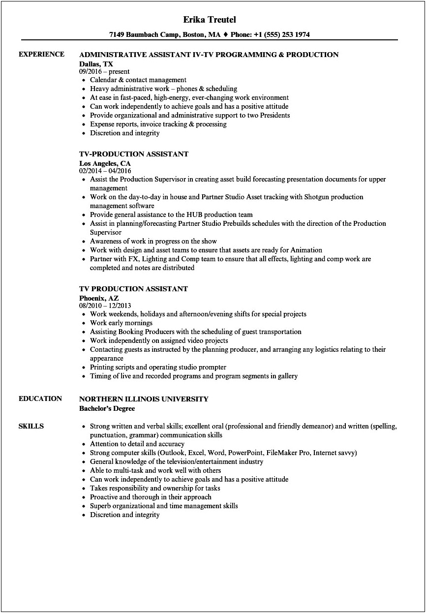 Resume Examples For Production Assistant