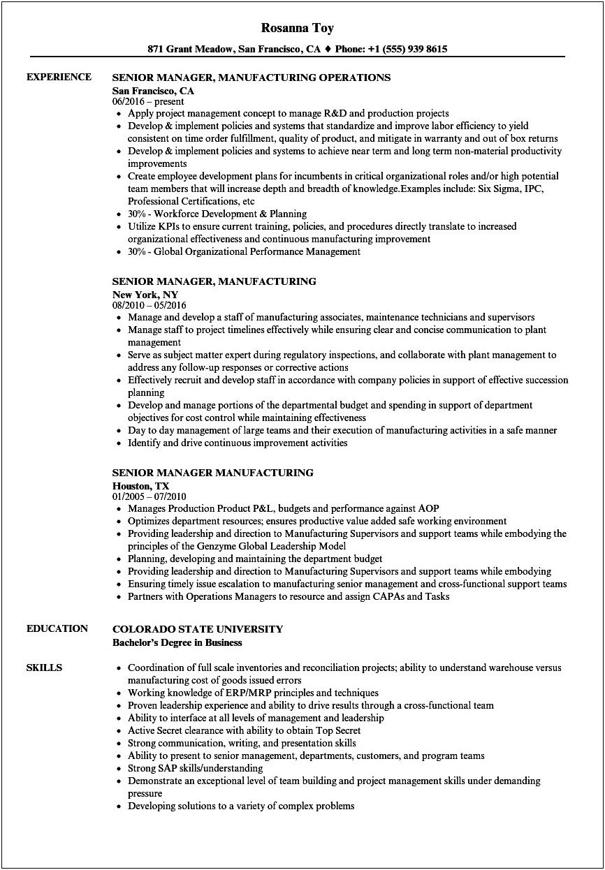 Resume Examples For Production Manager