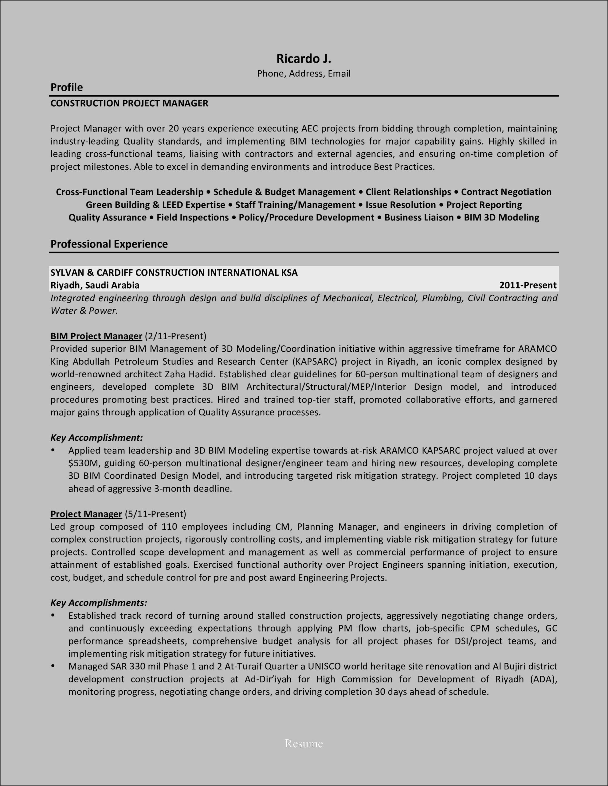 Resume Examples For Project Engineer