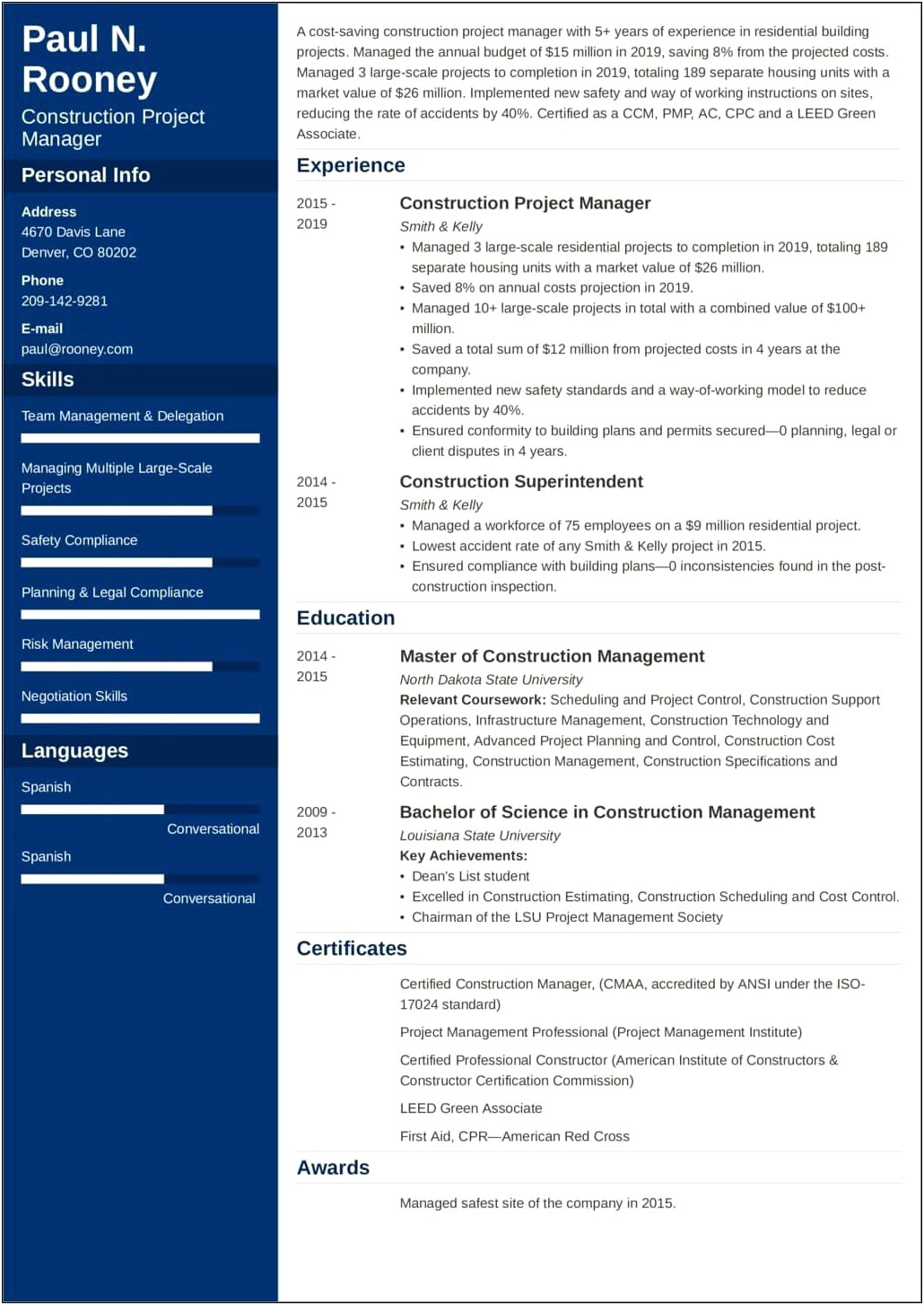 Resume Examples For Project Managers In Construction