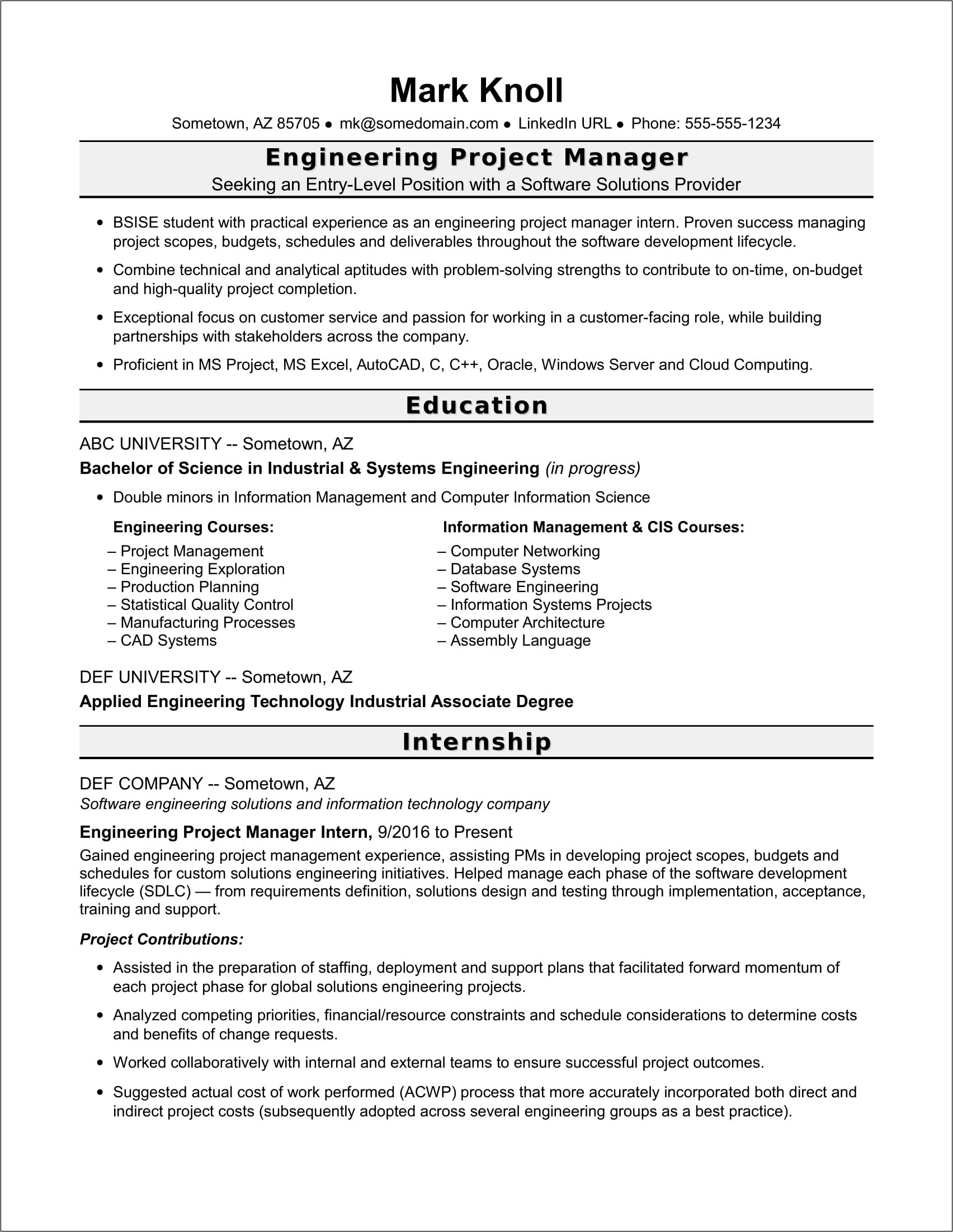 Resume Examples For Project Managment