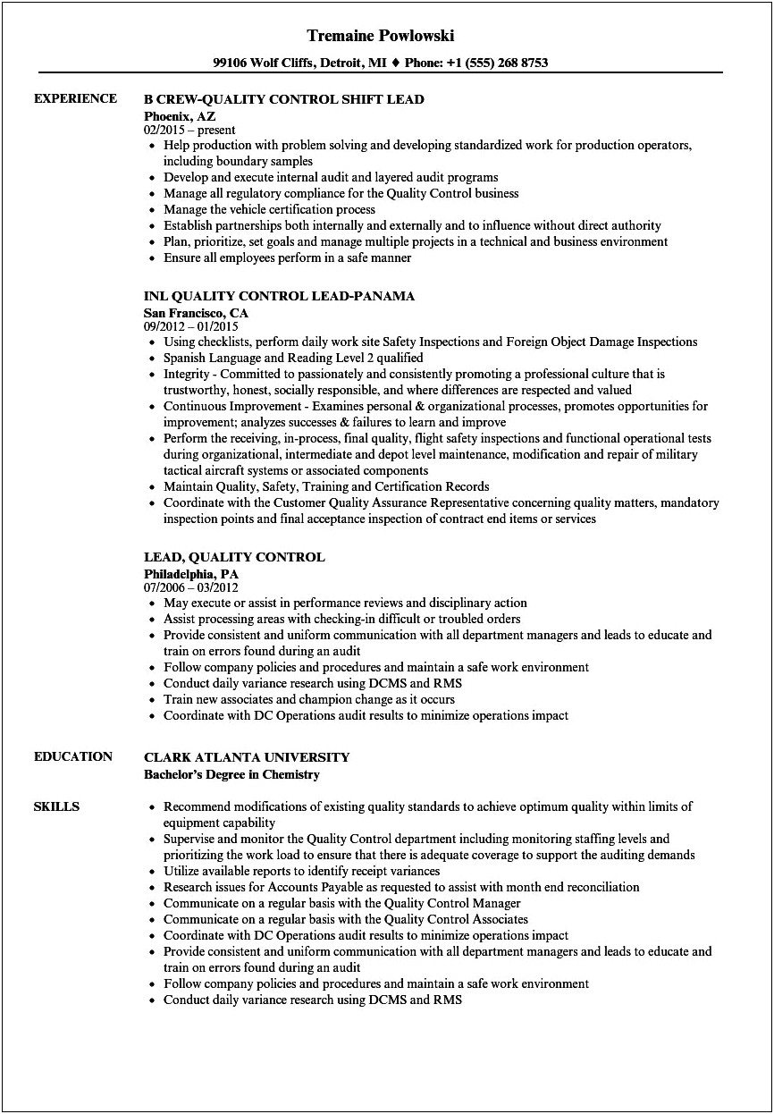 Resume Examples For Quality Control