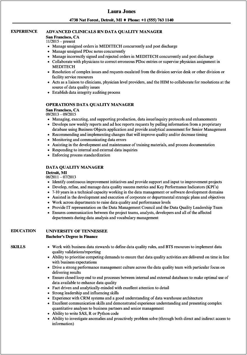 Resume Examples For Quality Manager