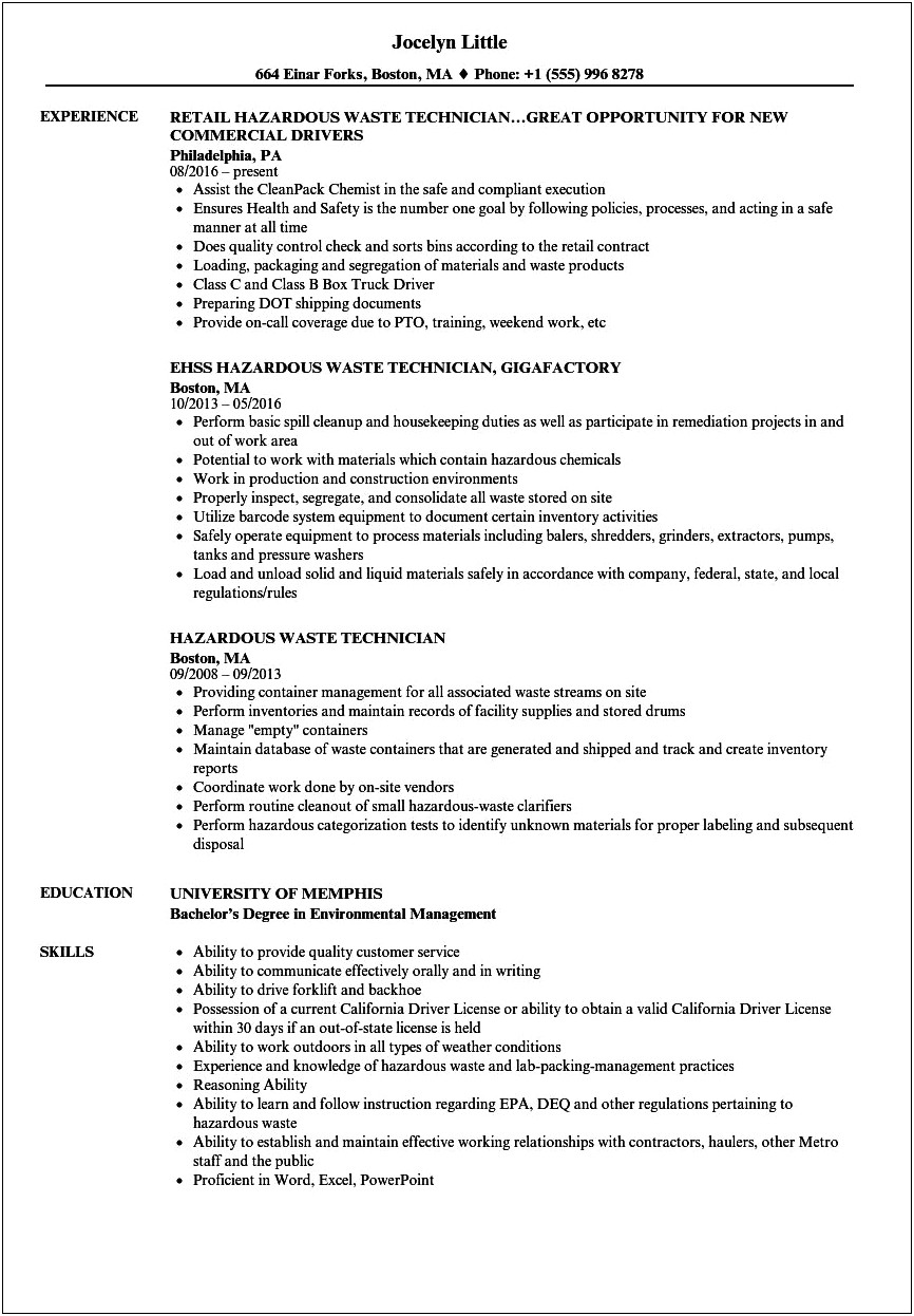 Resume Examples For Recycling Jobs