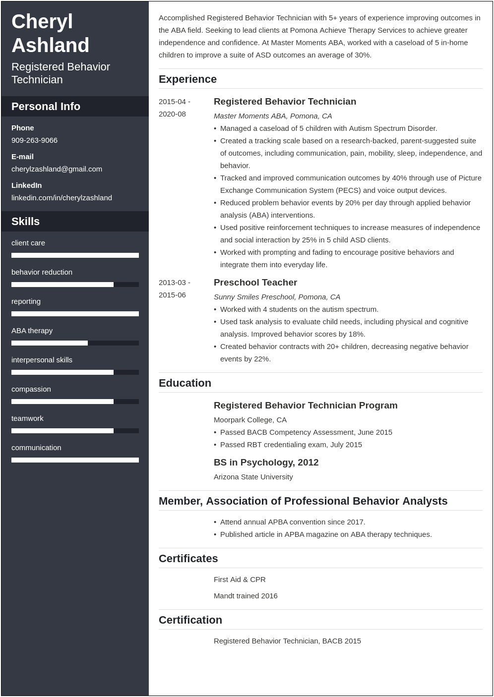 Resume Examples For Registered Behavior Technician