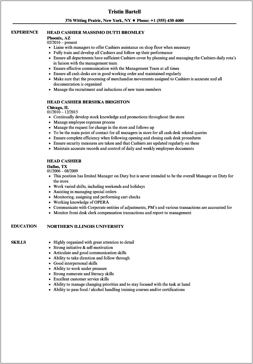 Resume Examples For Restaurant Cashier Position