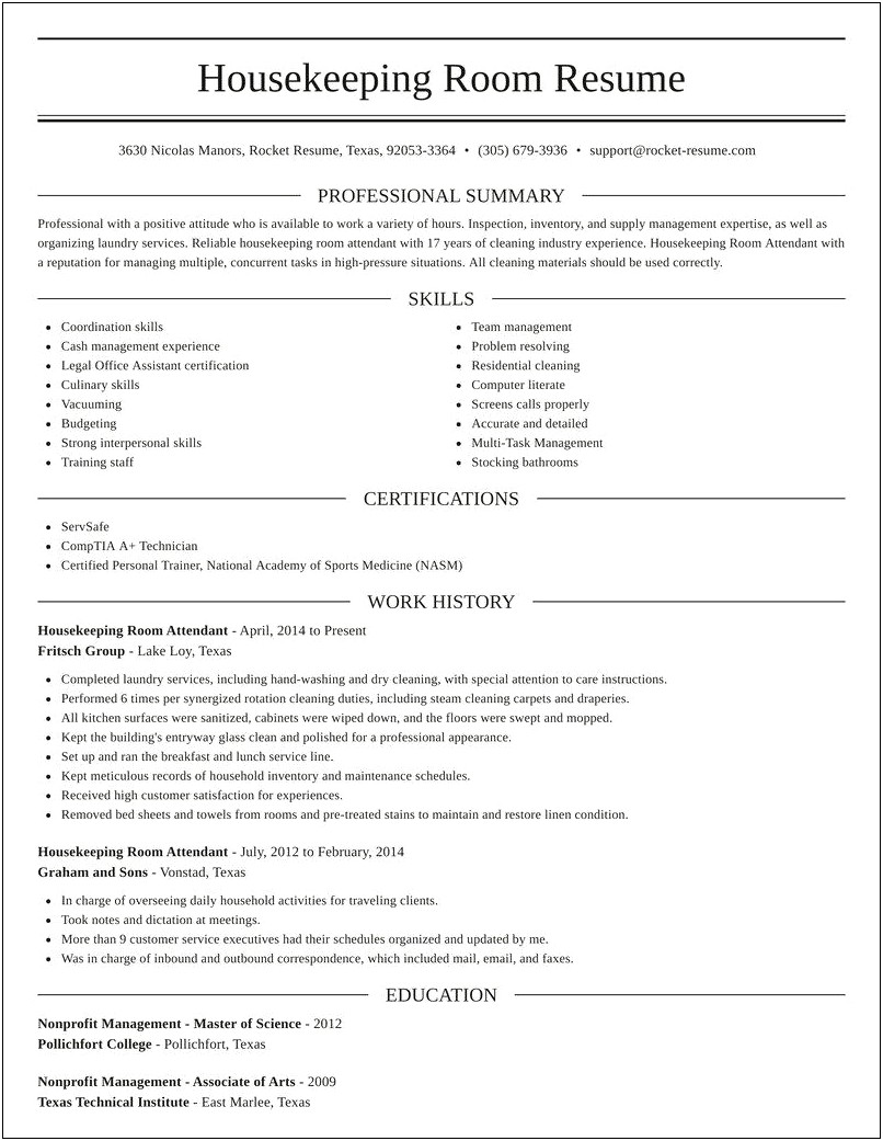 Resume Examples For Room Attendant