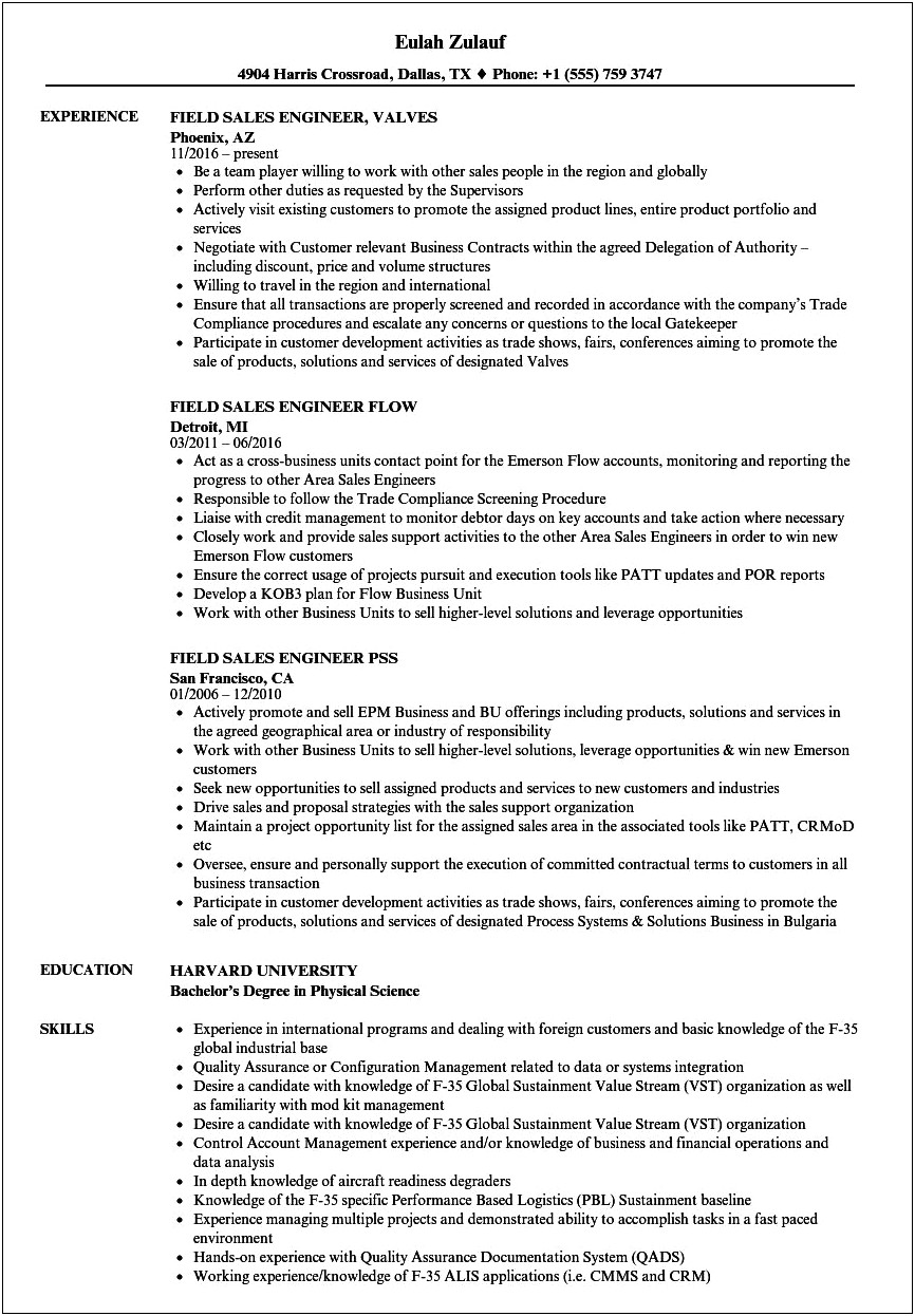Resume Examples For Sales Engineer