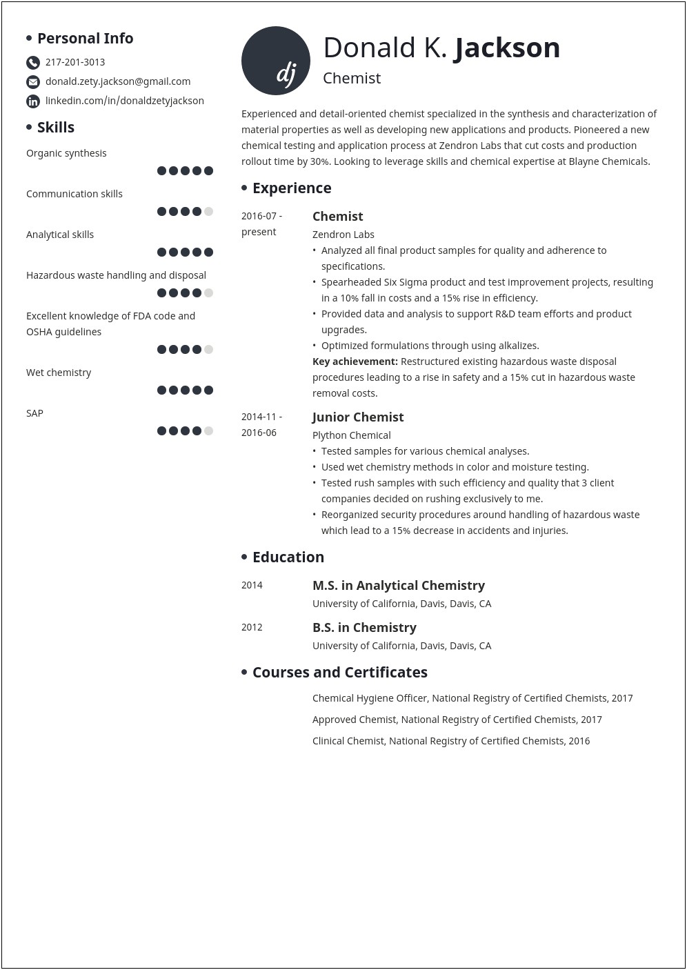 Resume Examples For Science Majors