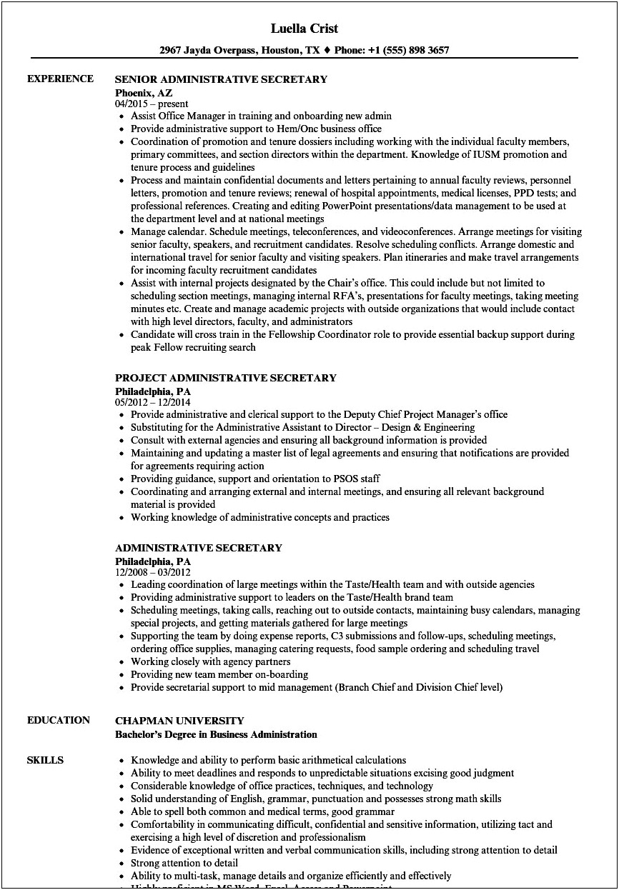 Resume Examples For Secretary Position